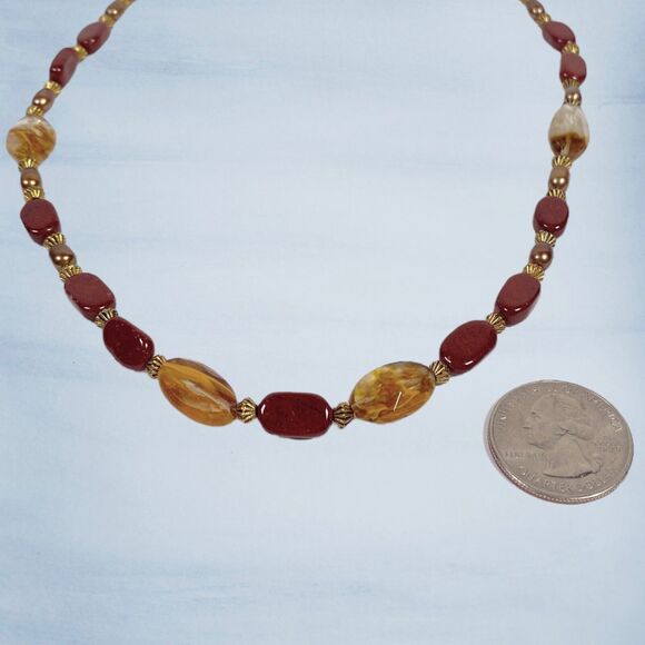 Handmade Red Brown Stone Agate Beaded Necklace Gold Tone Artisan Boho Jewelry - Picture 7 of 9